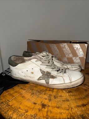 Golden Goose White Leather Sneakers with Glitter Star box and dust bag included